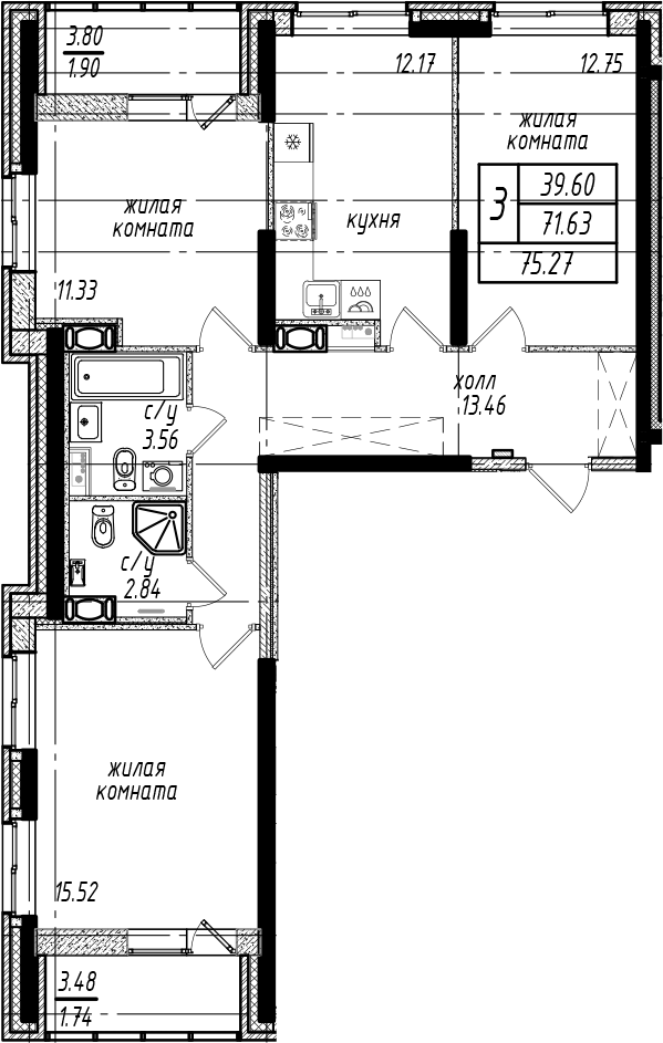 3-комнатная квартира 75.27 м², 6/25 эт., ЖК «Северная Долина»
